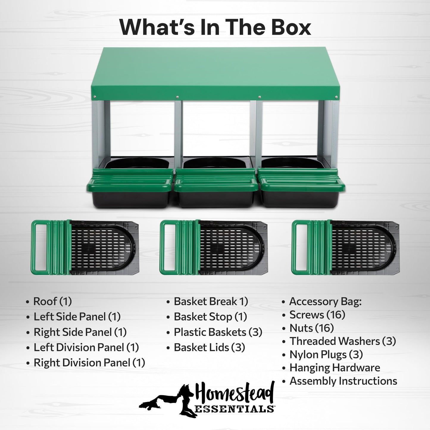 Homestead Essentials Classic Style 3 Compartment, Forward Rollout & Rollaway, Hen & Chicken Nesting Box with Integrated Perch and Protective Egg Laying Collection Lids