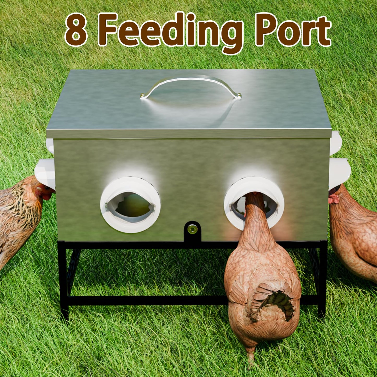 uhearem Automatic Chicken Feeder No Waste, 35lb 8 Ports Large Galvanized Metal Chicken Feeders Rodent Proof with Locking Lid and Upgraded Stands for Hen Coop