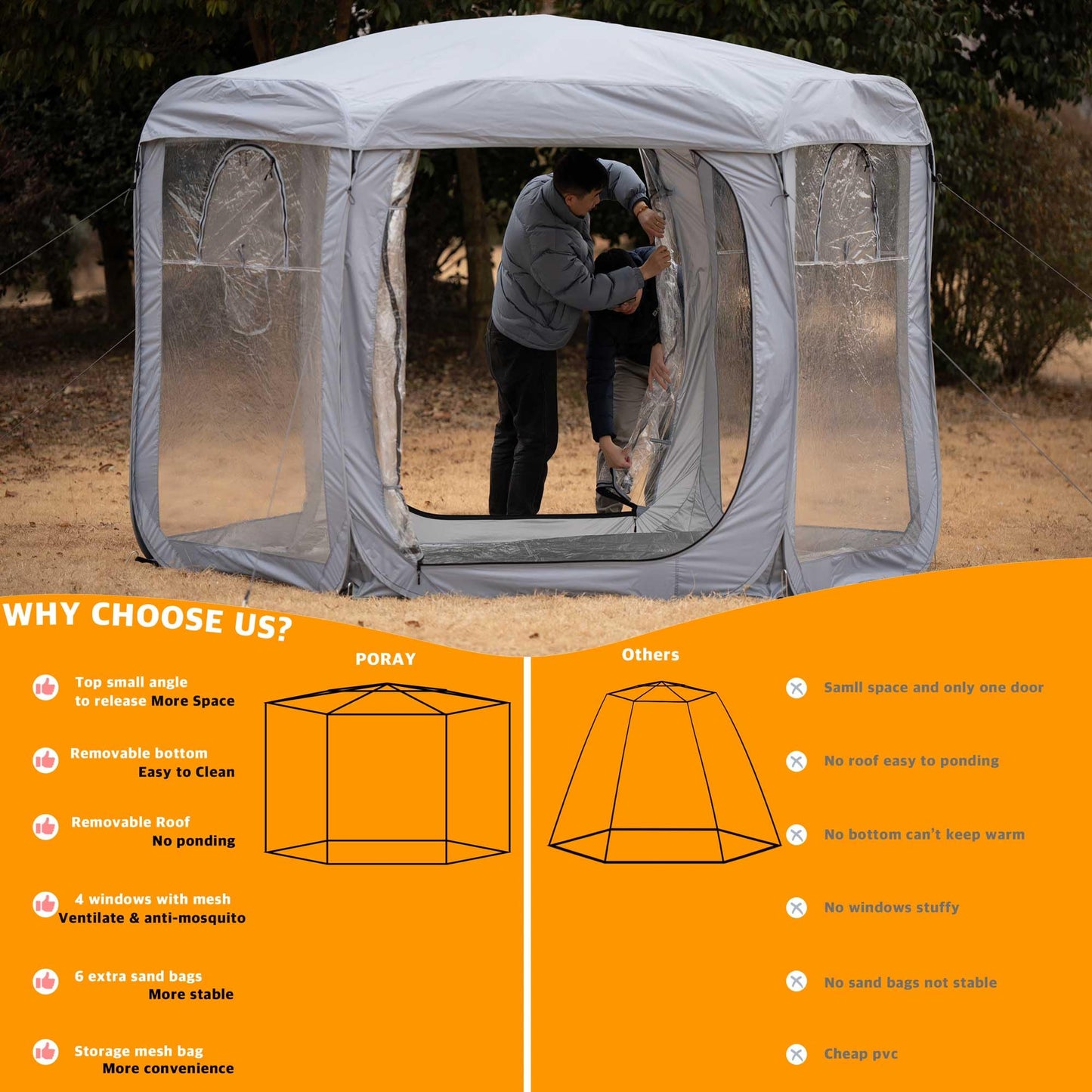 Porayhut Pop up Bubble Tent Screen House10’X10’Large Camping Sun Shelter,Weather and Cold Proof Pod with Detachable Sunshade Cloth,Waterproof Floor,2 Zipper Doors and 4 Mesh Breathable Windows