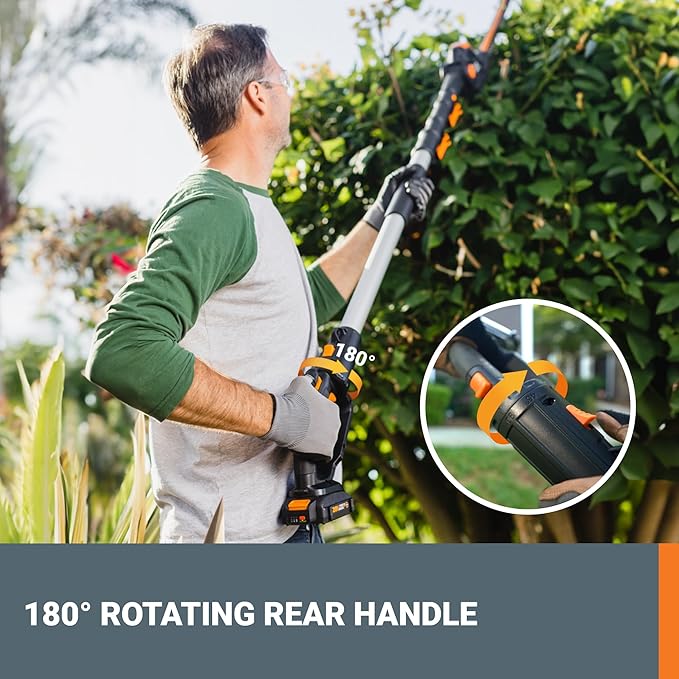 WORX WG252.9 20" 20V Cordless Hedge Trimmer, Pole Hedge Trimmer Reaches up to 12 Inches with Extended Pole, Electric Bush Trimmer with 180° Rotation Head, Battery & Charger Not Included