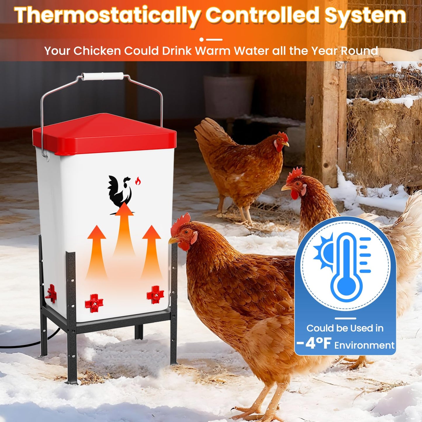 Heated Chicken Waterer, 3.2 Gallon Poultry Water Heater for Winter with 4 Horizontal Nipples, Thermostatically Controlled, 4 Adjustable Heights, Anti-Freezing Watering System for Coop Accessories