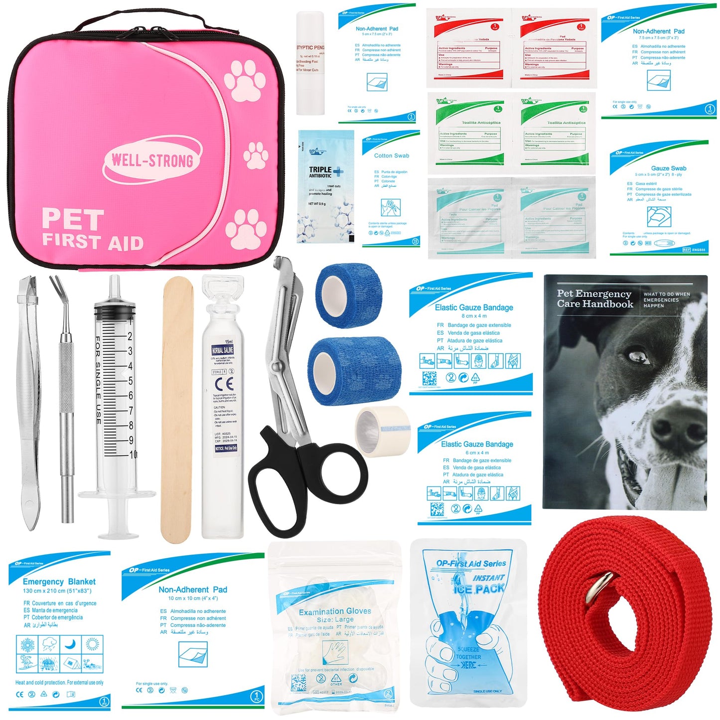 WELL-STRONG Pet First Aid Kit - Vet-Approved Survival Essentials for Dogs & Cats | Immediate Care Emergency Supplies with Trauma Pad, Tweezers & Bandages | Compact Travel Kit for Home, Camping, Car