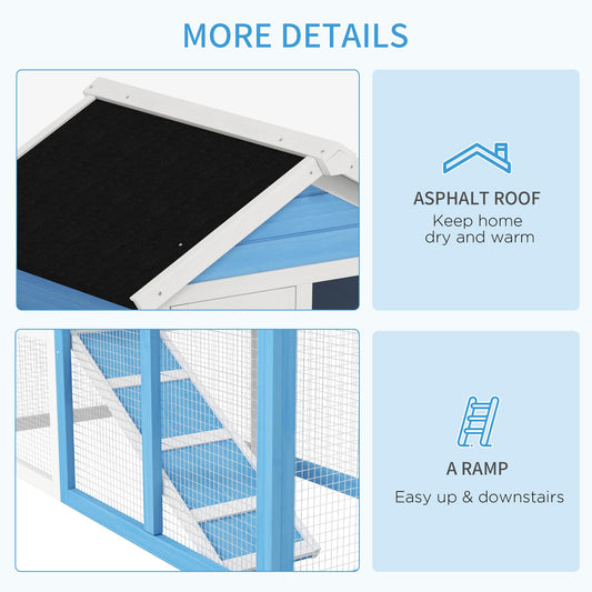 PawHut 48" Wooden Rabbit Hutch Bunny Cage with Waterproof Asphalt Roof, Fun Outdoor Run, Removable Tray and Ramp, Light Blue