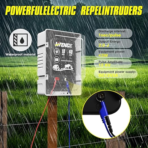 AC/DC 2 in 1 Power Supply, Electric Fence Energizer Kit for 10 Mile Preventing Wild Animal Intrusion, 40 Acre Coverage, 12V Input, 12KV 2 Joule Output, Electric Fence Charger for Livestock