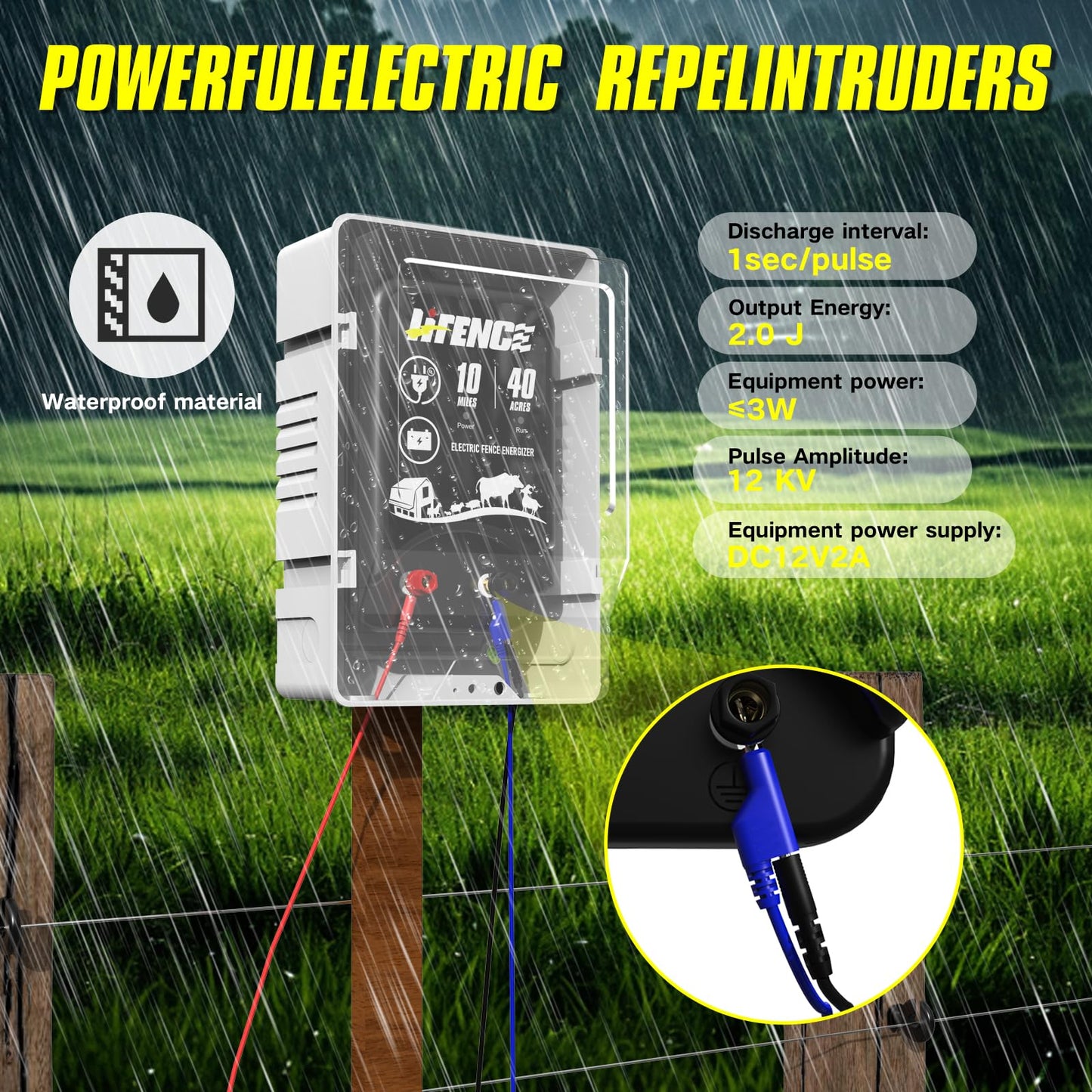 LIFENCE AC/DC 2 in 1 Power Supply, Electric Fence Energizer Kit for 10 Mile Preventing Wild Animal Intrusion, 40 Acre Coverage, 12V Input, 12KV 2 Joule Output, Electric Fence Charger for Livestock