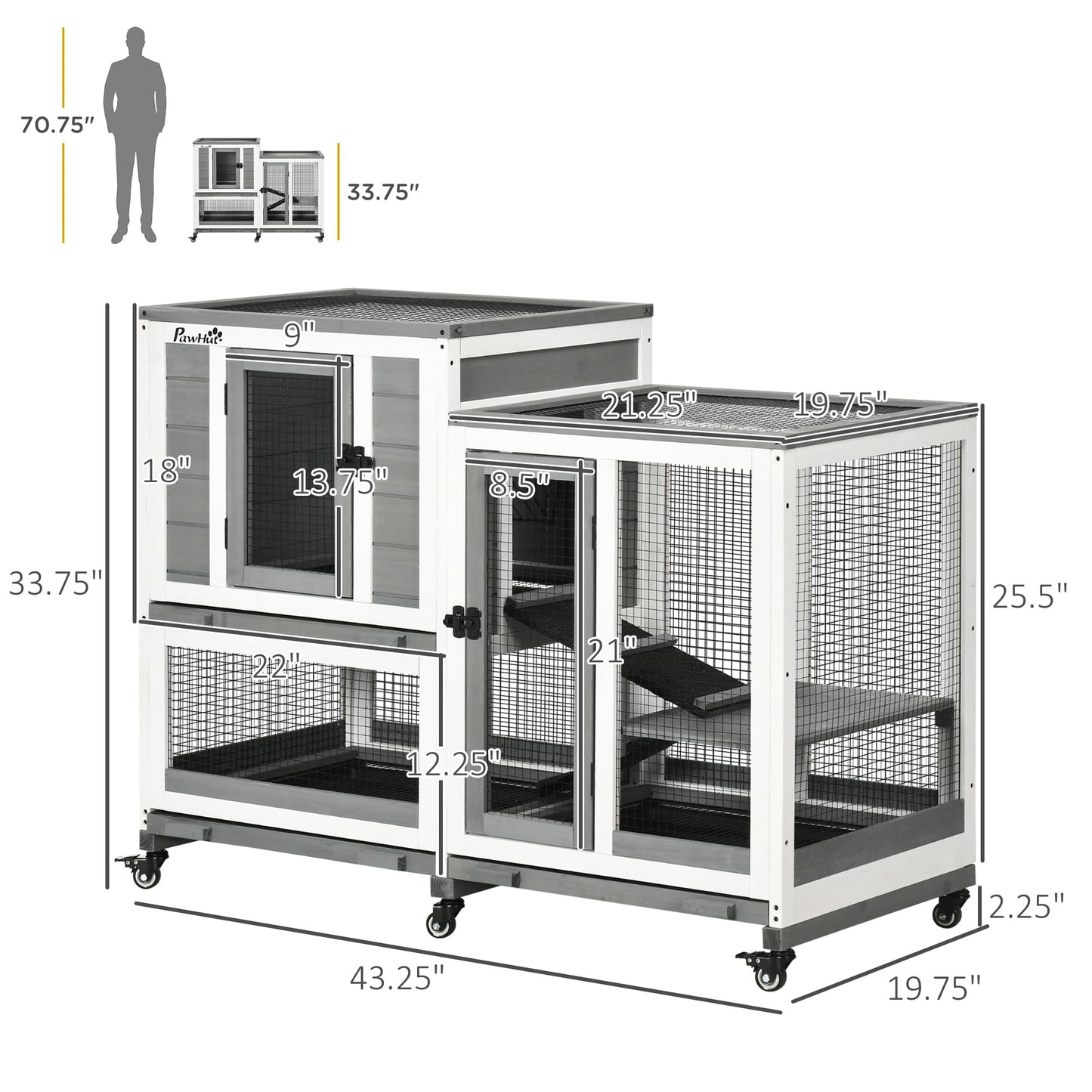 PawHut Indoor Rabbit Hutch, Three Story Wooden Rabbit Cage Bunny Hutch with Runs, Wheels, Waterproof Roof and Removable Trays, Gray