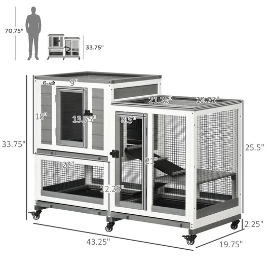 PawHut Indoor Rabbit Hutch, Three Story Wooden Rabbit Cage Bunny Hutch with Runs, Wheels, Waterproof Roof and Removable Trays, Gray