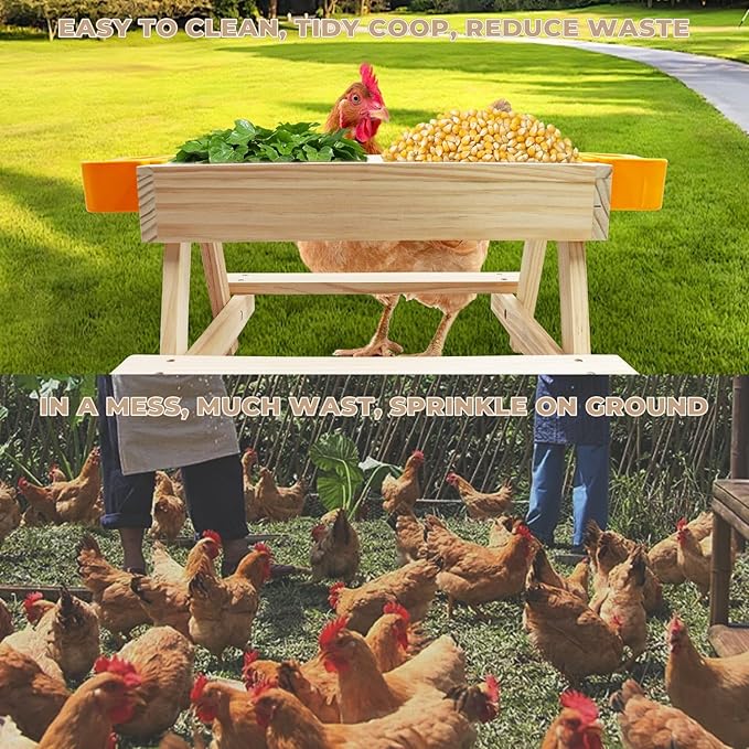 Chicken Coop Accessories, Chicken Picnic Table Feeder, Wooden Picnic Table with Water Bowls, No Waste Feeder for Hens, Ducks, Turkeys, Geese, and Other Poultry