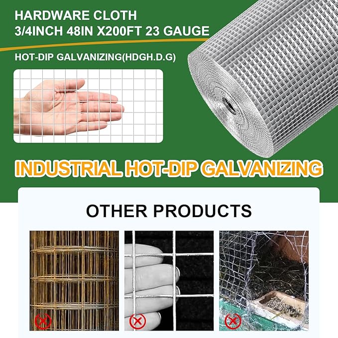 48in x 200ft Hardware Cloth Hot-Dip Galvanized Welded Wire Mesh - Heavy Duty 3/4inch 23 Gauge Chicken Wire Fencing for Garden, Chicken Coop, Rabbit Cage, Rodent & Predator Protection