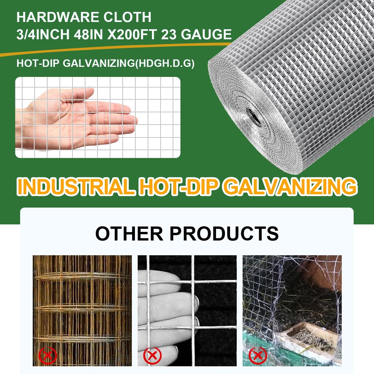 48in x 200ft Hardware Cloth Hot-Dip Galvanized Welded Wire Mesh - Heavy Duty 3/4inch 23 Gauge Chicken Wire Fencing for Garden, Chicken Coop, Rabbit Cage, Rodent & Predator Protection