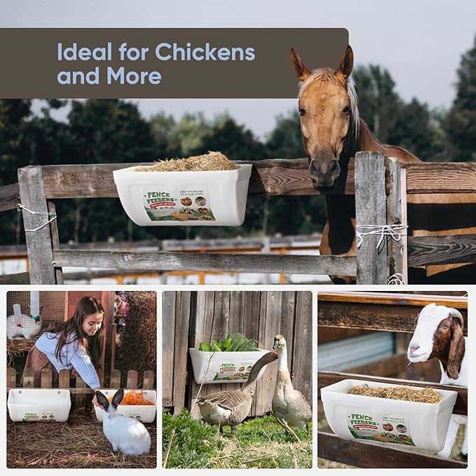 4 Pack Chicken Feeders, 4.5 Quart Goat Hanging Fence Feeders, with Hooks, Screws, & Chicken Coop Treat Bag, Livestock Feeders Water Bucket for Chickens, Ducks, Dogs, Cows, Sheep, Rabbits