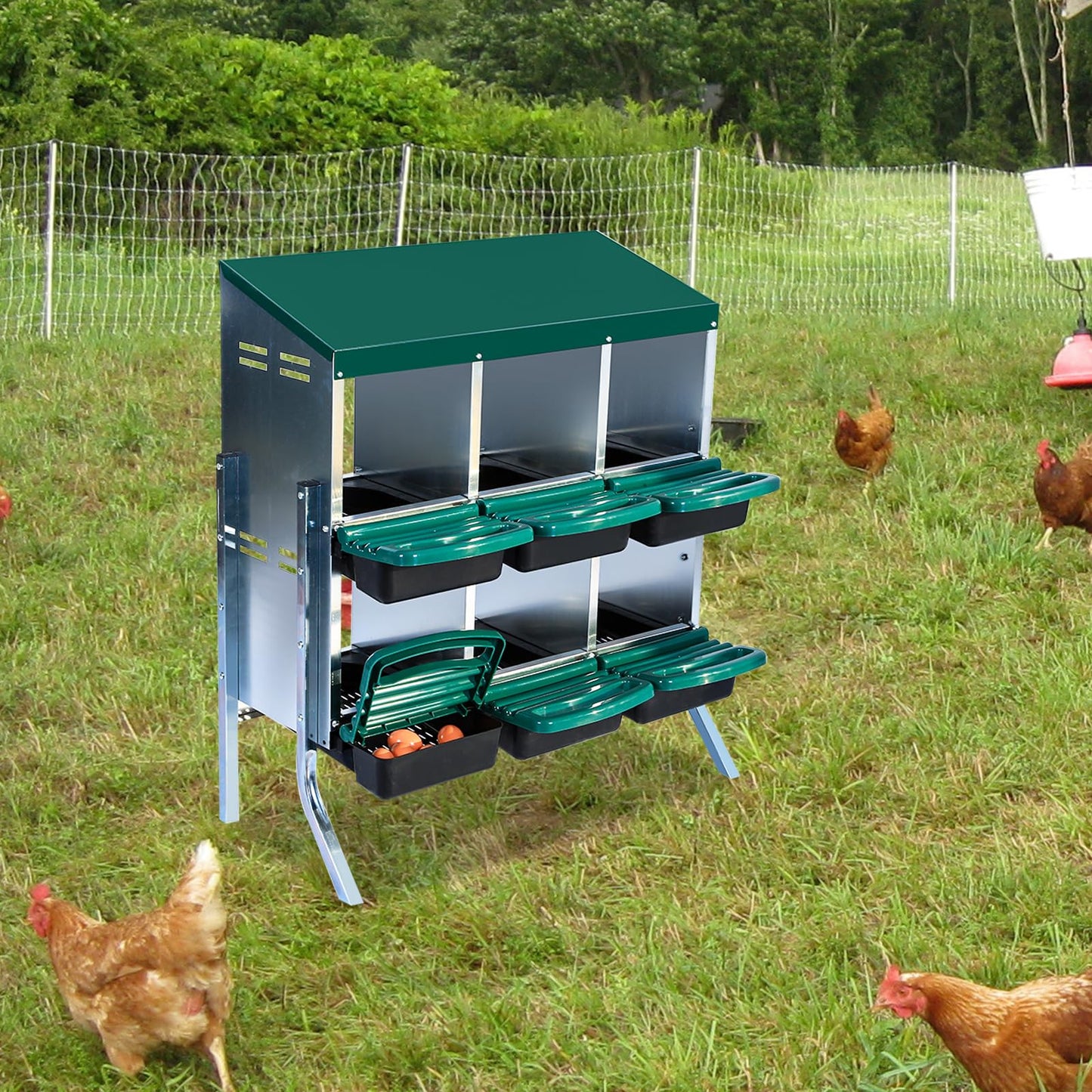 Chicken Nesting Boxes, 6-Hole Roll Away Nest Box with Removable Lid, 2 Layer Hen Nest Boxes for Chickens, Metal Egg Laying Box for Chicken Coops, Duck Coops and Hens Green,with Stand