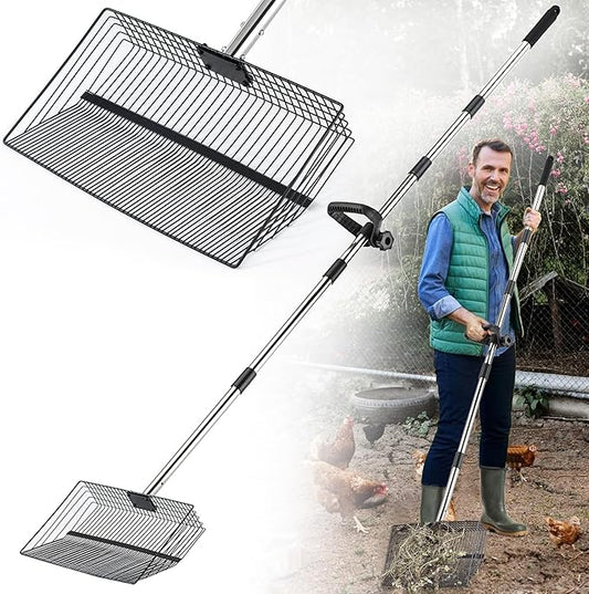 15 Inch Large Chicken Poop Scooper, Chicken Coop Scooper with 38" to 76" Adjustable Stainless Steel Handle, Litter Sifting Shovel for Chicken Coop, Farm, Sheep Pen, Cat Litter, Stable Cleaning