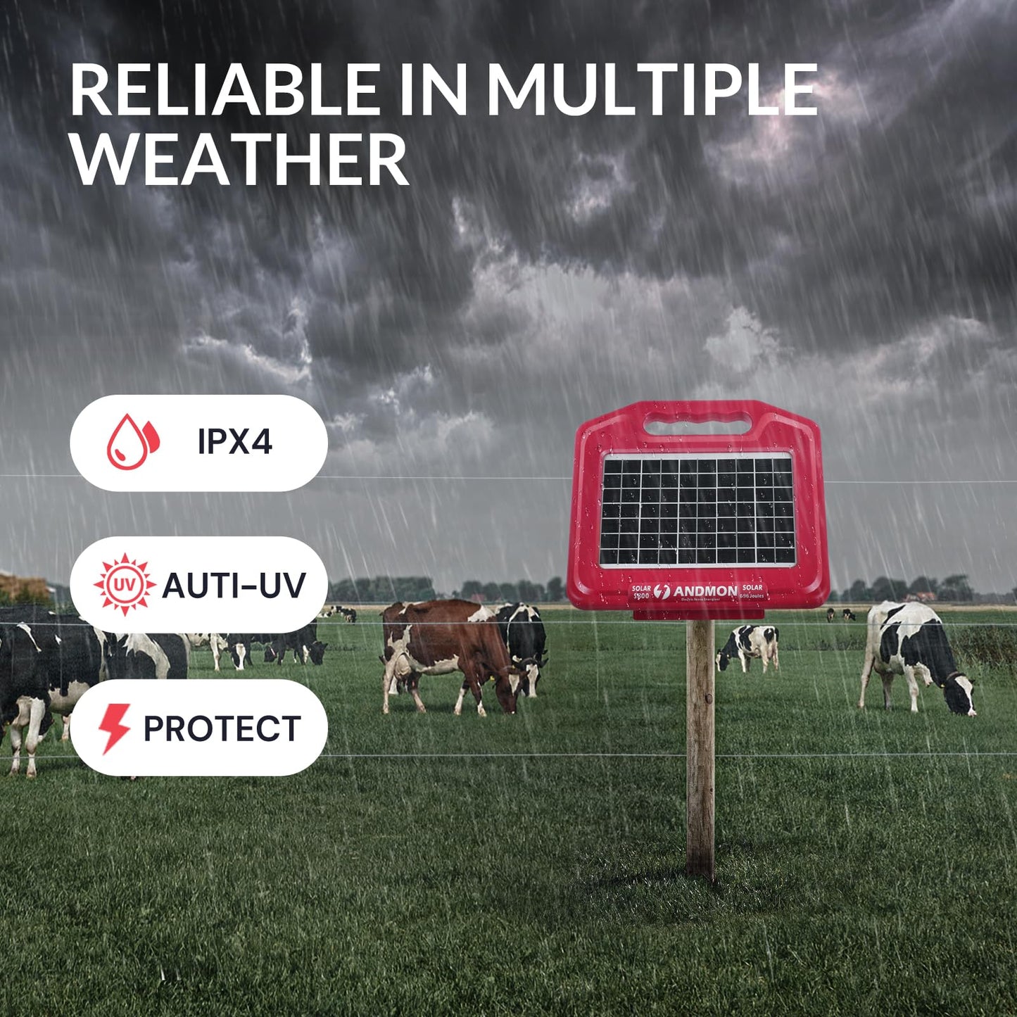 Andmon 50 Miles Solar Electric Fence Charger, 0.95 Joule High-Power Solar Fence Charger for Livestock, Horses, and Wildlife Control, Solar Electric Fence with Easy Installation