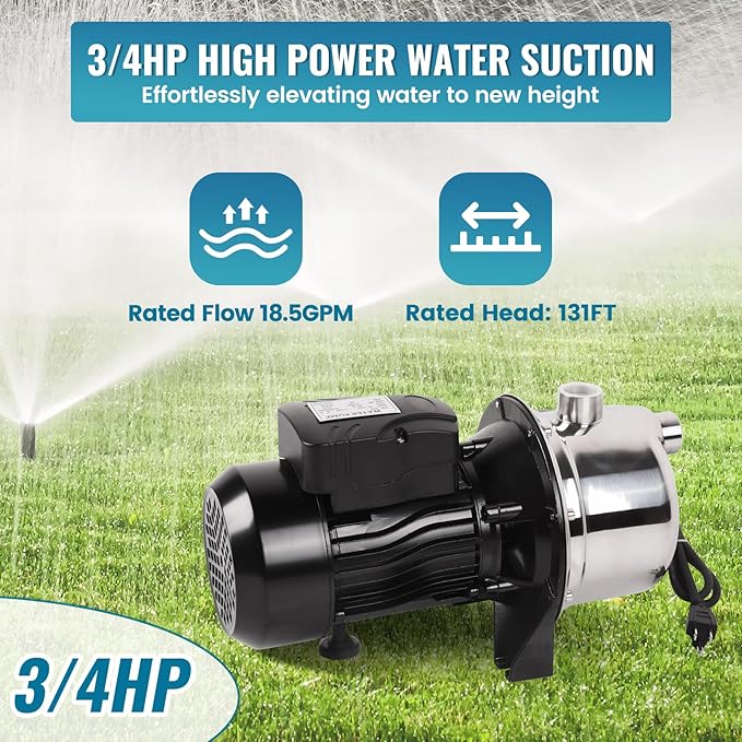 3/4HP Shallow Well Pump, 110V/60Hz, 18.5GPM, 131ft Head Jet Water Pump, Stainless Steel Shallow Well Jet Pump for Home Lawn Irrigation and Water Draining