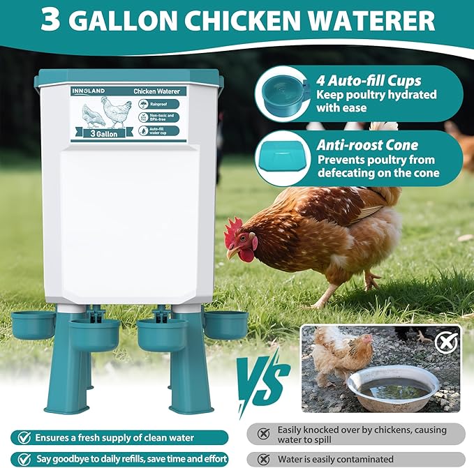 Chicken Feeder and Waterer Set - 3 Gallon/26.5 Pounds, Automatic Chicken Waterer with 4 Cups & 3 Feeder Ports, No Waste Poultry Feeder & Waterer, Chicken Coop Accessories for Hens/Ducks/Poultry