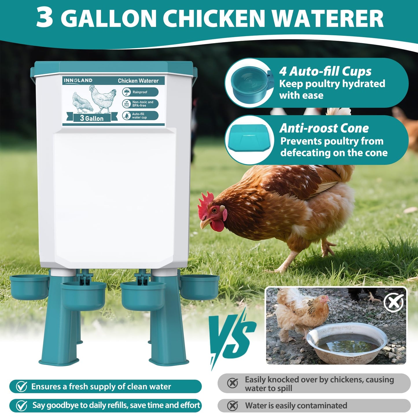 Chicken Feeder and Waterer Set - 3 Gallon/26.5 Pounds, Automatic Chicken Waterer with 4 Cups & 3 Feeder Ports, No Waste Poultry Feeder & Waterer, Chicken Coop Accessories for Hens/Ducks/Poultry