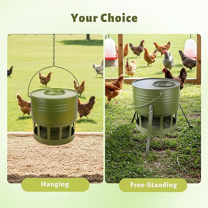 Metal Chicken Feeder - 20lbs Ground Poultry Feeder with 12 Ports, Powder Coated Rust-Proof Design & Smooth Edges for Safe Feeding (Avocado Green, 20lbs)