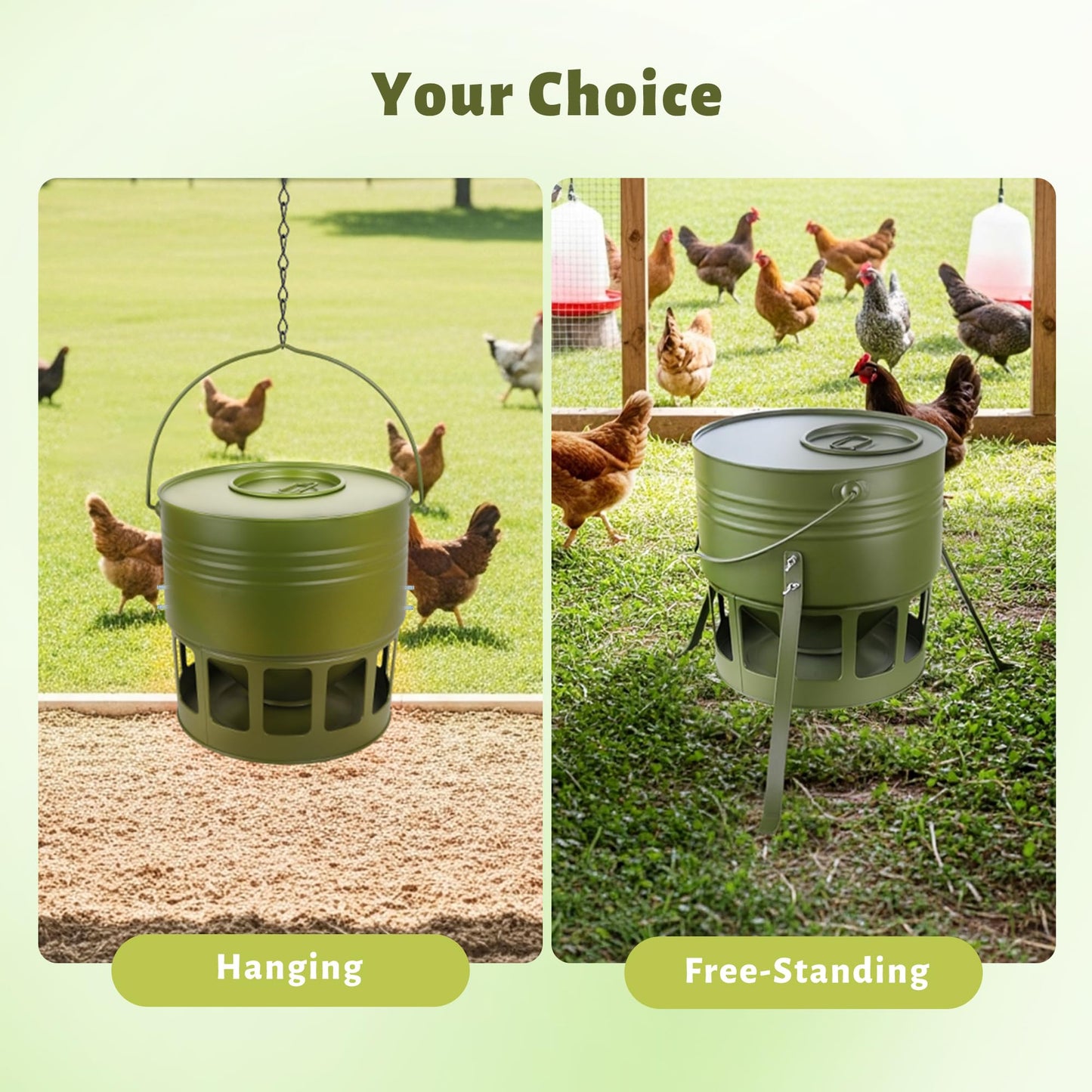 Metal Chicken Feeder - 20lbs Ground Poultry Feeder with 12 Ports, Powder Coated Rust-Proof Design & Smooth Edges for Safe Feeding (Avocado Green, 20lbs)