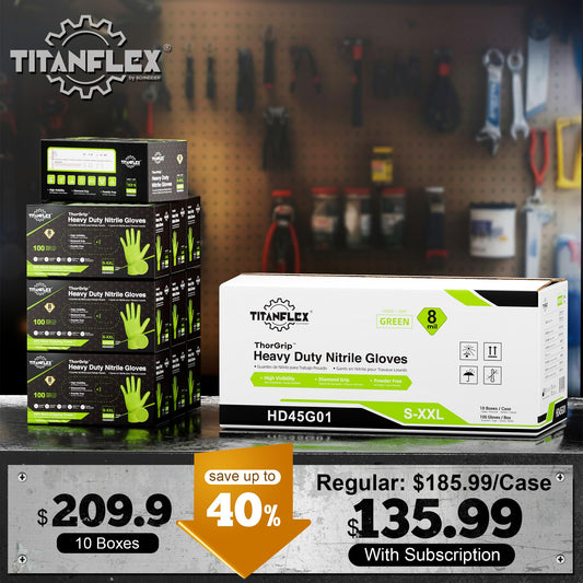TitanFlex Heavy Duty Green Industrial Nitrile Gloves, 8-mil, XXL, Case of 1000, Latex Free, Raised Diamond Texture Grip, Powder Free, Food Safe, Rubber Gloves, Mechanic Gloves