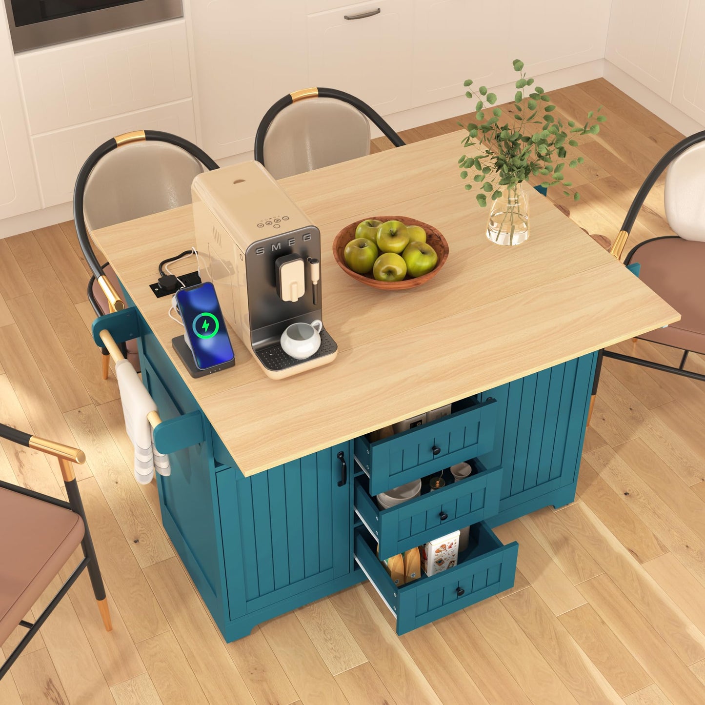 Merax 55.7" Large Kitchen Cart Island on Wheels with 2 Drop Leaf,Power Outlet,3 Drawers,Wood Cabinet for Dining Room