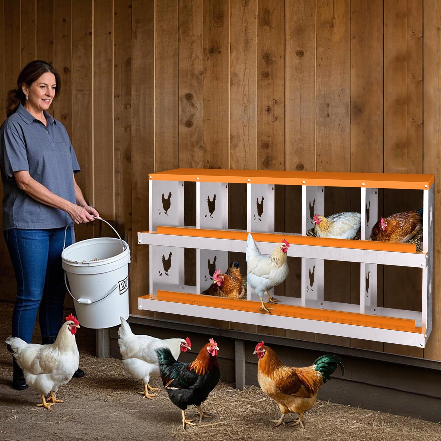 Chicken Nesting Box, 10 Compartment Galvanized Steel Chicken Laying Boxes, Nesting Boxes for Chickens, Easy Egg Collection for Chicken Coop, Backyard, Farms, Orange