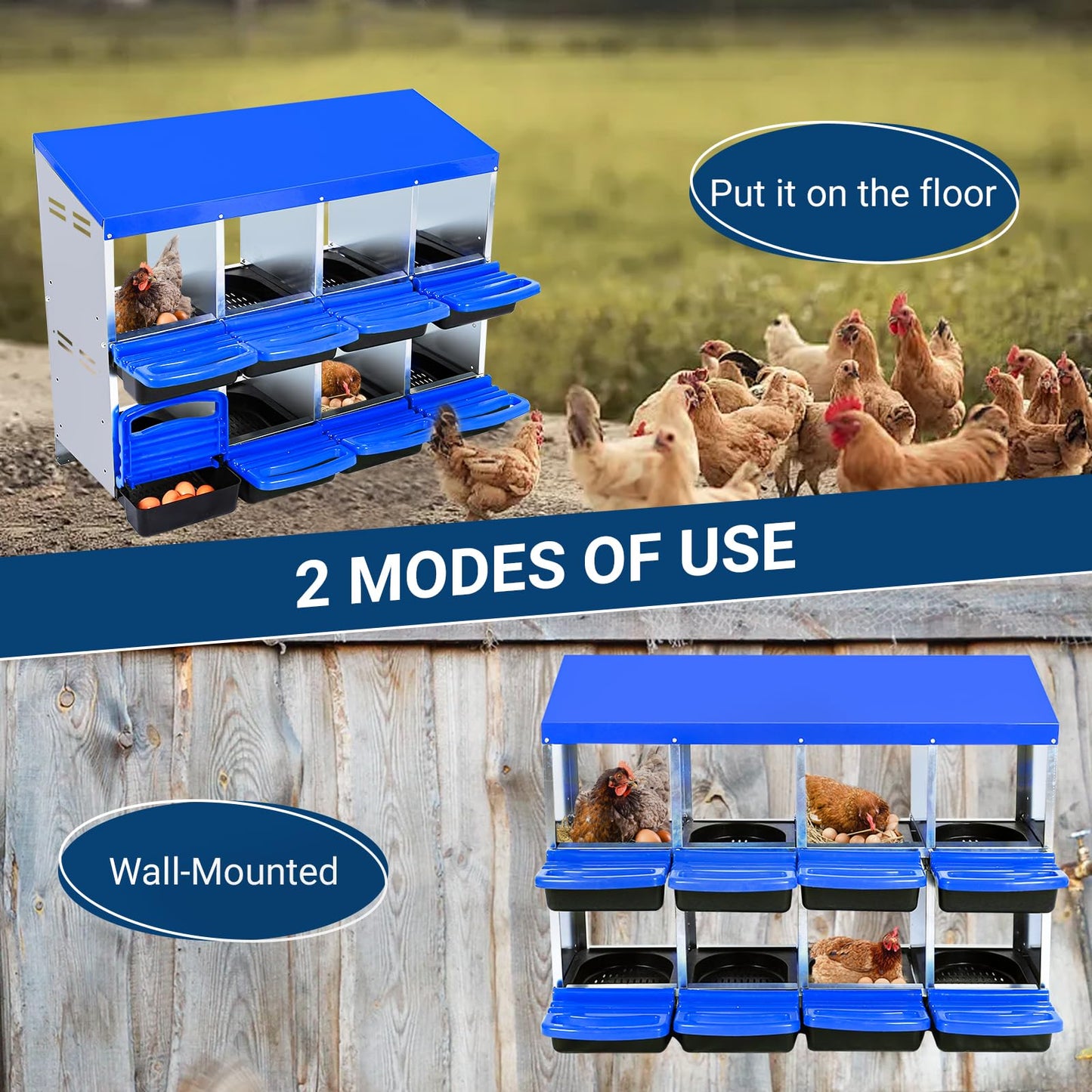Chicken Nesting Box, 8 Compartments Nesting Boxes for Chickens, Chicken Laying Boxes, Roll Away Nesting Box for Chickens Laying Egg with Lid Cover to Protect Eggs, Blue