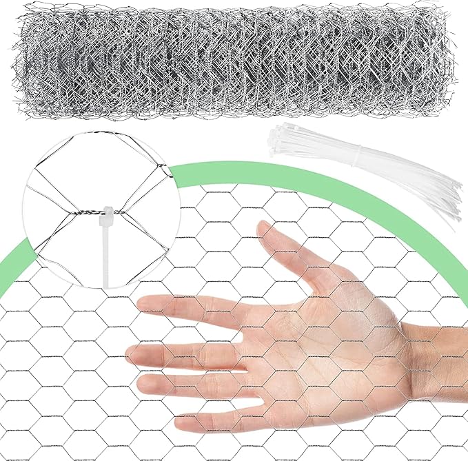 Chicken Wire 16.9 in x 393.7 in Poultry Wire Netting Hexagonal Galvanized Mesh Garden Fence Barrier for Pet Rabbit Chicken Fencing with 100 Pcs Cable Zip Ties