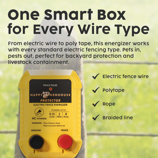 Happy Henhouse Electric Fence Charger - Powerful 110V AC Plug-in Fence Energizer for Chickens, Small Farms & Gardens - Easy Setup Predator Protection for Safer Free-Ranging