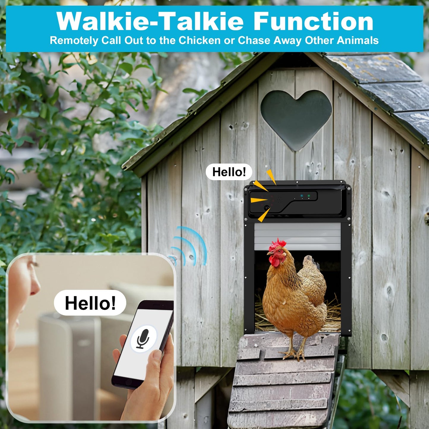 Automatic Chicken Coop Door WiFi with Talkback Function, HD Camera, Solar Powered, APP-Based Monitoring, Remote Control and Timer, with Anti-Trap Sensor and Alarm Drive, Solar Chicken Door