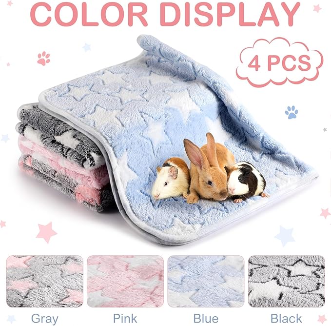 Reginary 4 Pcs Waterproof Guinea Pig Blankets Washable Small Animal Fleece Bedding Absorbent Guinea Pig Cage Liners Reusable Pet Pee Pad Sleep Mat for Hamster Ferret(Cute Star Pattern,24 x 16 Inch)