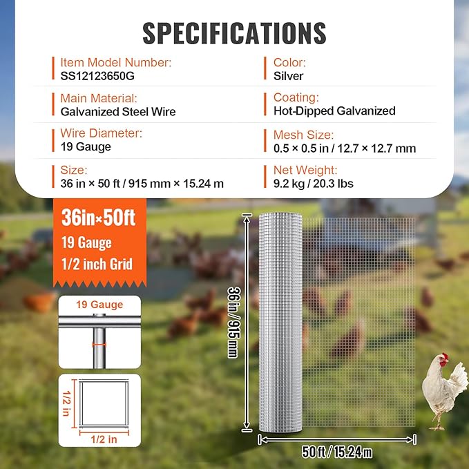 VEVOR Hardware Cloth, 1/2 inch 36in x 50 ft 19 Gauge, Hot Dipped Galvanized Wire Mesh Roll, Chicken Wire Fencing, Wire Mesh for Rabbit Cages, Garden, Small Rodents