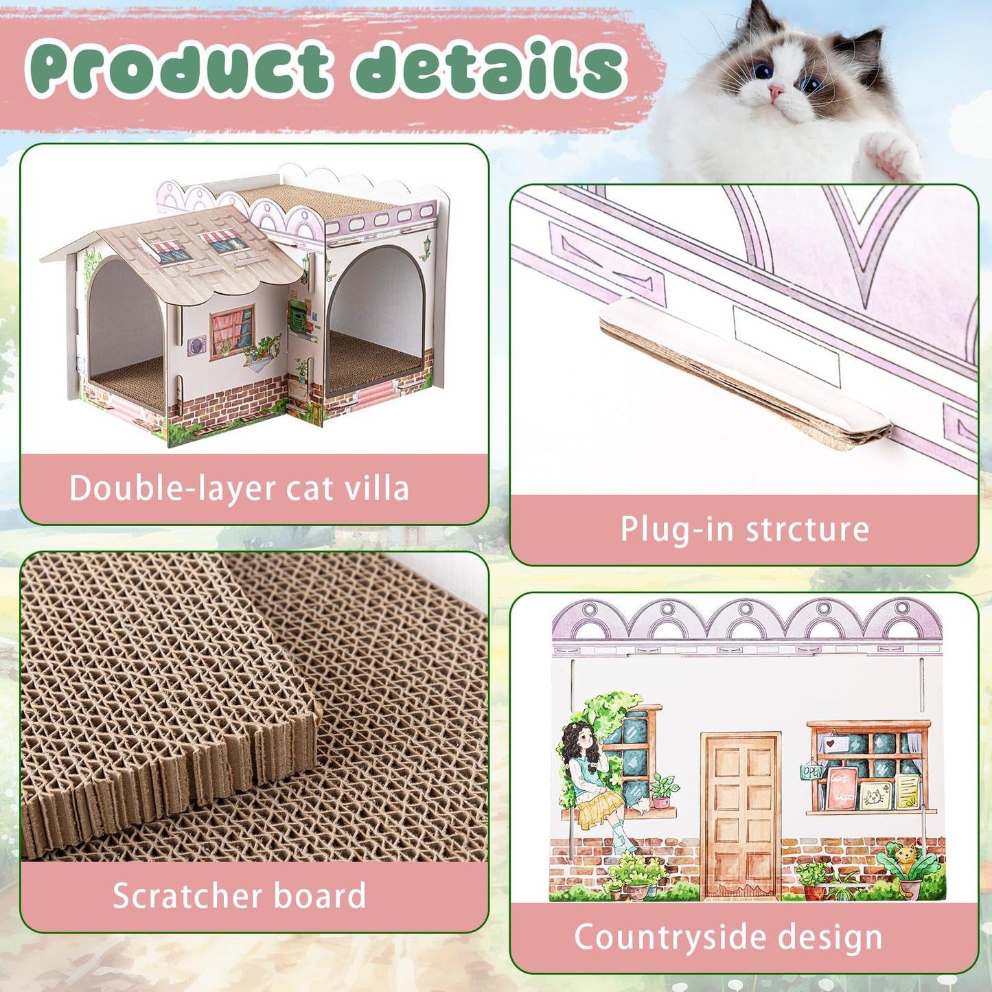 Lineshading Multi Level Cardboard Cat House with 3 Scratchers Large Sturdy Country House Themed Cat Villa 17"x12"x10" Cute Pet Condo Beds Toys Hideout for Bunny Small Animals Birthday Party