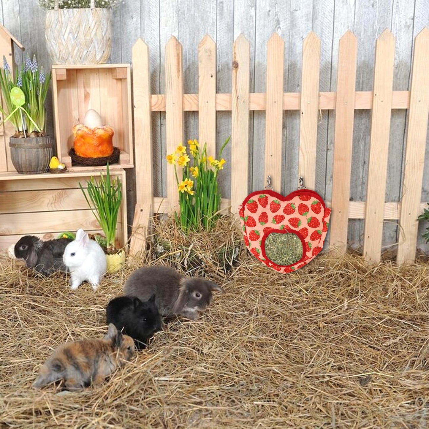 ABTOLS Rabbit Hay Feeder Bags, Hanging Hay Feeder for Cage Guinea Pigs Chinchillas Hamsters Heart Shape Red Strawberry Bunny Small Animal Pet Cartoon Hay Bag