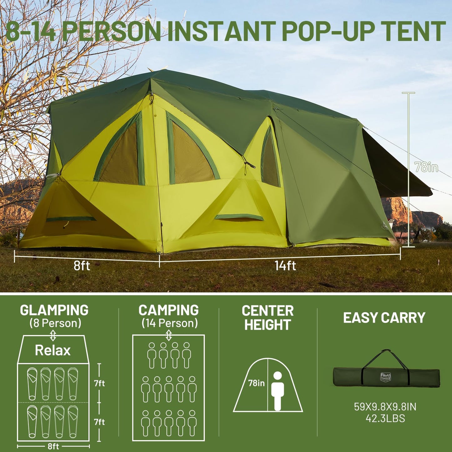 Timber Ridge 8 Person Instant Pop Up Cabin Tent, Easy 90 Second Setup, Weather Resistant Camping Family Hub Tent with Rain Fly and Carry Bag for Outdoor Camping