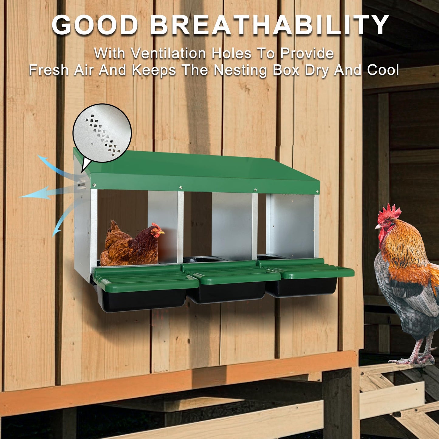 Eggluuz Chicken Nesting Box, 3 Compartments Chickens Egg Laying Nest Boxes for Hens Green