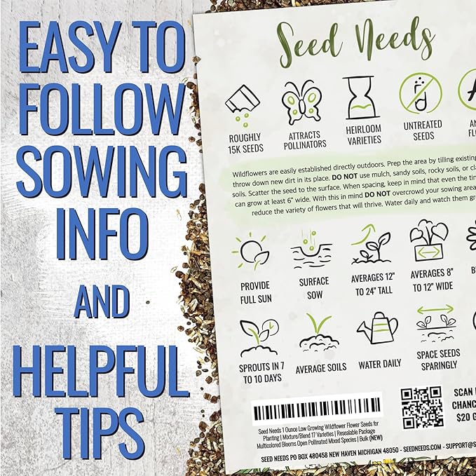Seed Needs Low Growing Wildflower Flower Seeds for Planting | 1 Ounce Mixture/Blend 17 Varieties | Resealable Package Multicolored Blooms Open Pollinated Mixed Species | Bulk