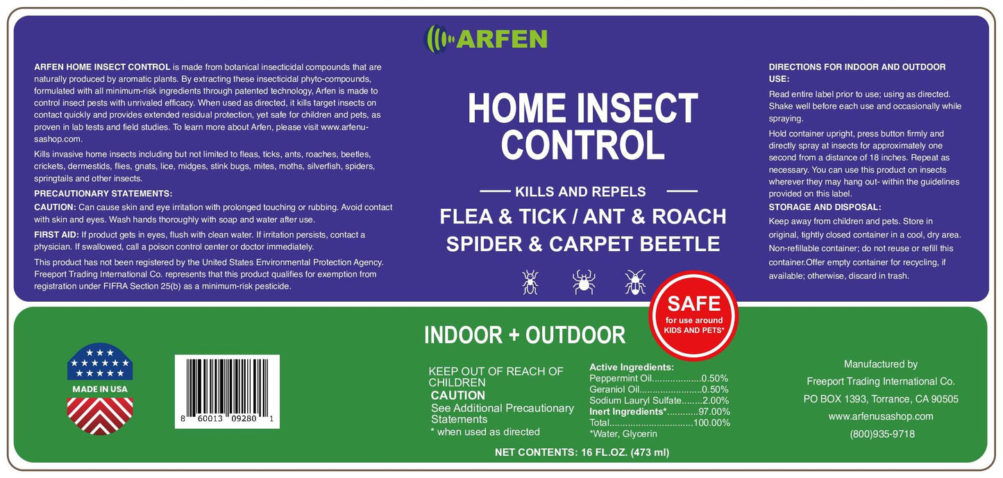 ARFEN Home Insect Pest Control Spray 16oz – Kills & Repels Fleas, Ticks, Ants, Roaches, Spiders, Bed Bug and More on Contact with Peppermint Oil; Natural Safe and Effective Indoor & Outdoor Solution