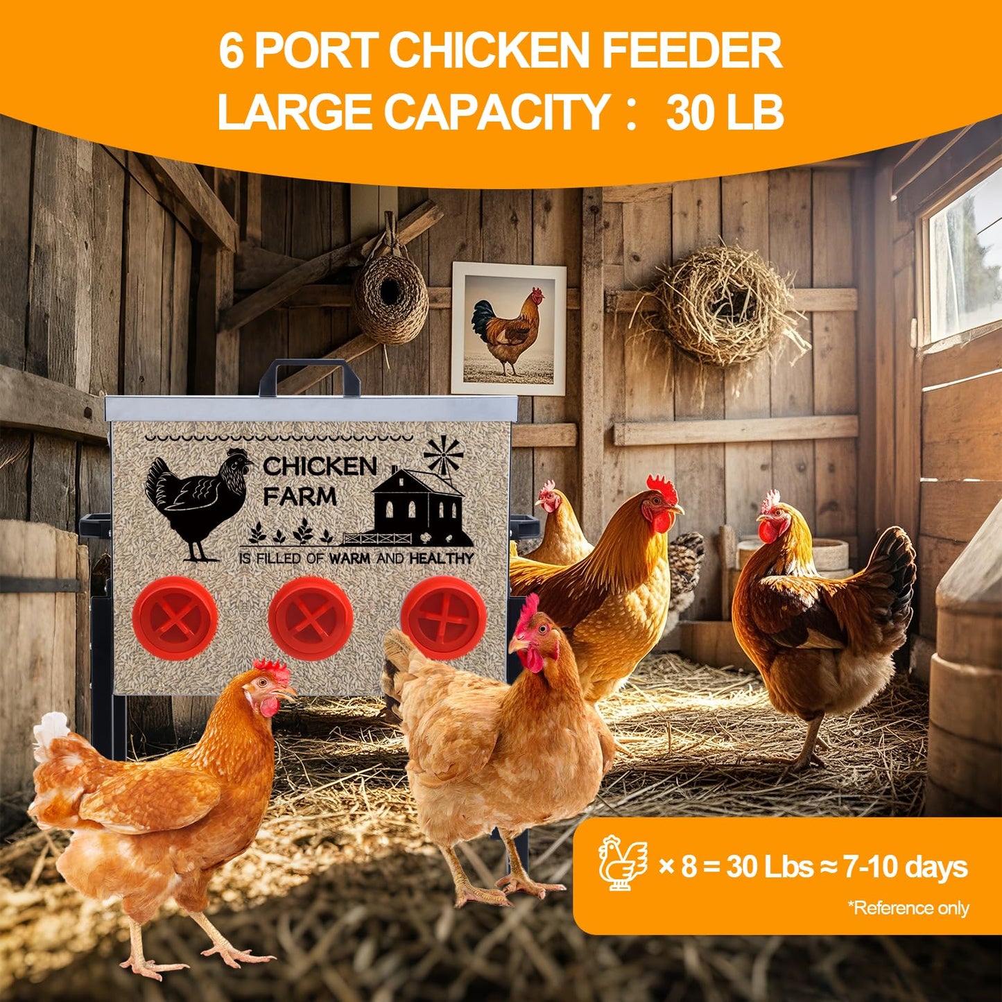 Automatic Chicken Feeder Box 30 lbs, 6 Feeding Ports, No Waste Poultry Feeder with Locking Lid and Adjustable Legs for Chickens, Ducks, Geese Galvanized Metal (30 Lbs-6 Ports)