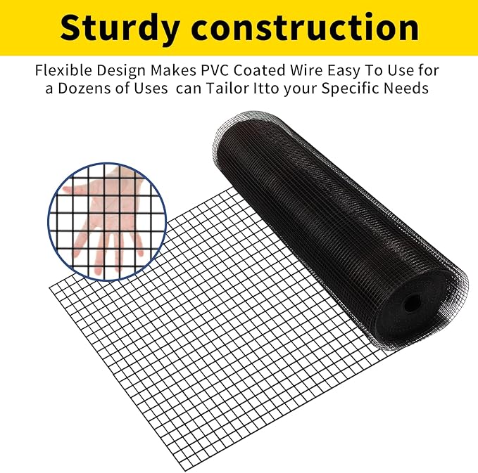 Hardware Cloth PVC Coated Wire Mesh 48'' x 50' 1/4inch Mesh Black Vinyl Coated Fence Chicken Wire Fencing 19 Gauge Chain Link Fence for Chicken Coop,Animal Control,Gutter Guard, and Home Improvement…