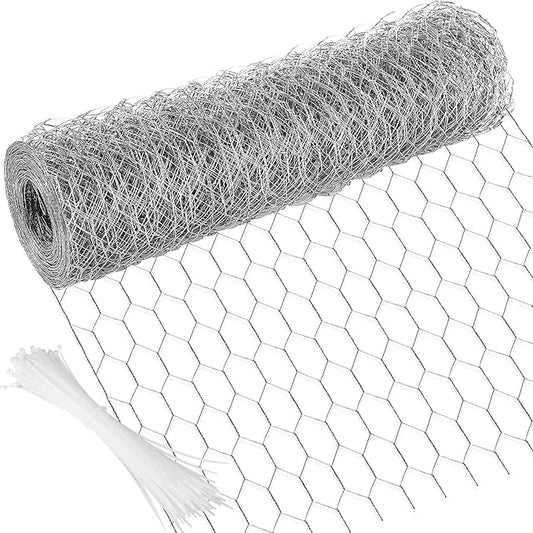 Chicken Wire 15.7 in x 393.7 in Poultry Wire Netting Hexagonal Galvanized Mesh Garden Fence Barrier for Pet Rabbit Chicken Fencing with 100 Pcs Cable Zip Ties