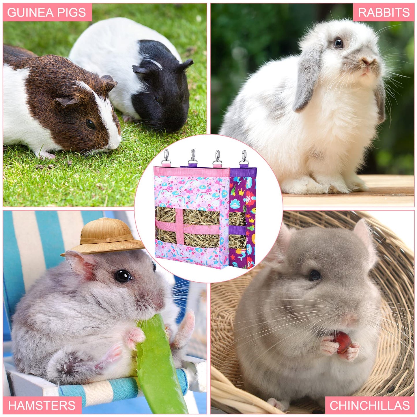 2 Pieces Guinea Pig Hay Bag Washable Pet Rabbit Hay Feeder Bag with 2 Holes Cute Small Animal Hanging Feeder Sack Storage for Rabbit Guinea Pig Chinchilla Hamster Small Pets (Mermaid, Unicorn)
