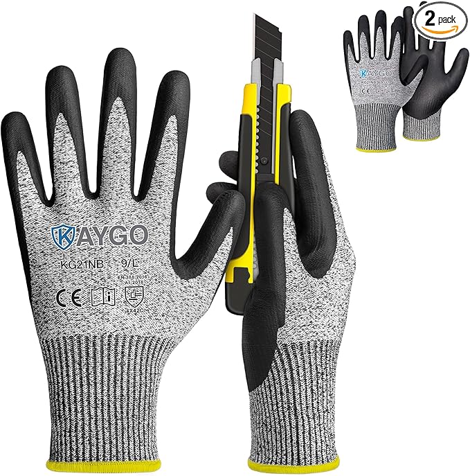 KAYGO 2 Pairs Cut Resistant Gloves for Men and Women, ANSI Cut Level A3 Nitrile Micro-Foam Safety Gloves KG21NB, Durable, Ideal for Wood Carving, Glass Handling, Construction, Fishing, L, Grey