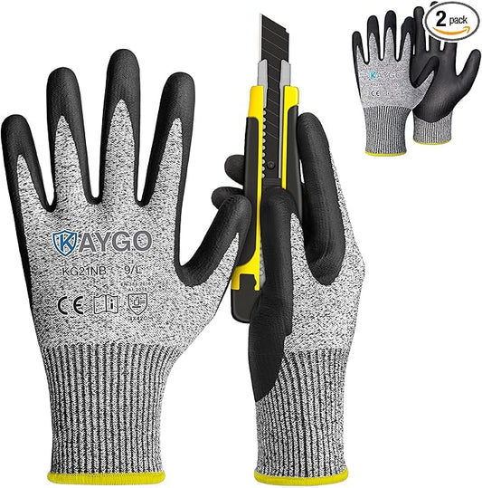 KAYGO 2 Pairs Cut Resistant Gloves for Men and Women, ANSI Cut Level A3 Nitrile Micro-Foam Safety Gloves KG21NB, Durable, Ideal for Wood Carving, Glass Handling, Construction, Fishing, L, Grey