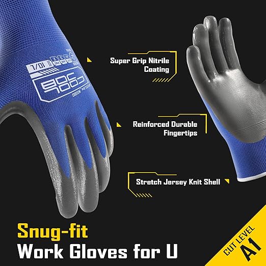 COOLJOB 10 Pairs Nitrile Dipped Safety Work Gloves with Grip, Non-slip Rubber Coated Bulk Garden Gloves for Men, Heavy-duty Oil Resistant for Truck Driver, Warehouse Box Handler, Xlarge, Gray Blue