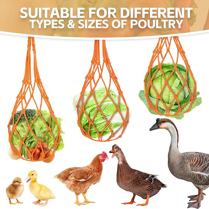 3PCS Chicken Vegetable Hanging Feeder, Chicken Vegetable and Fruit String Bag, Chicken Toys for Coop, Chicken Cabbage Feeder, Hanging Chicken Feeder with Hook for Hens Goose Duck (Orange)