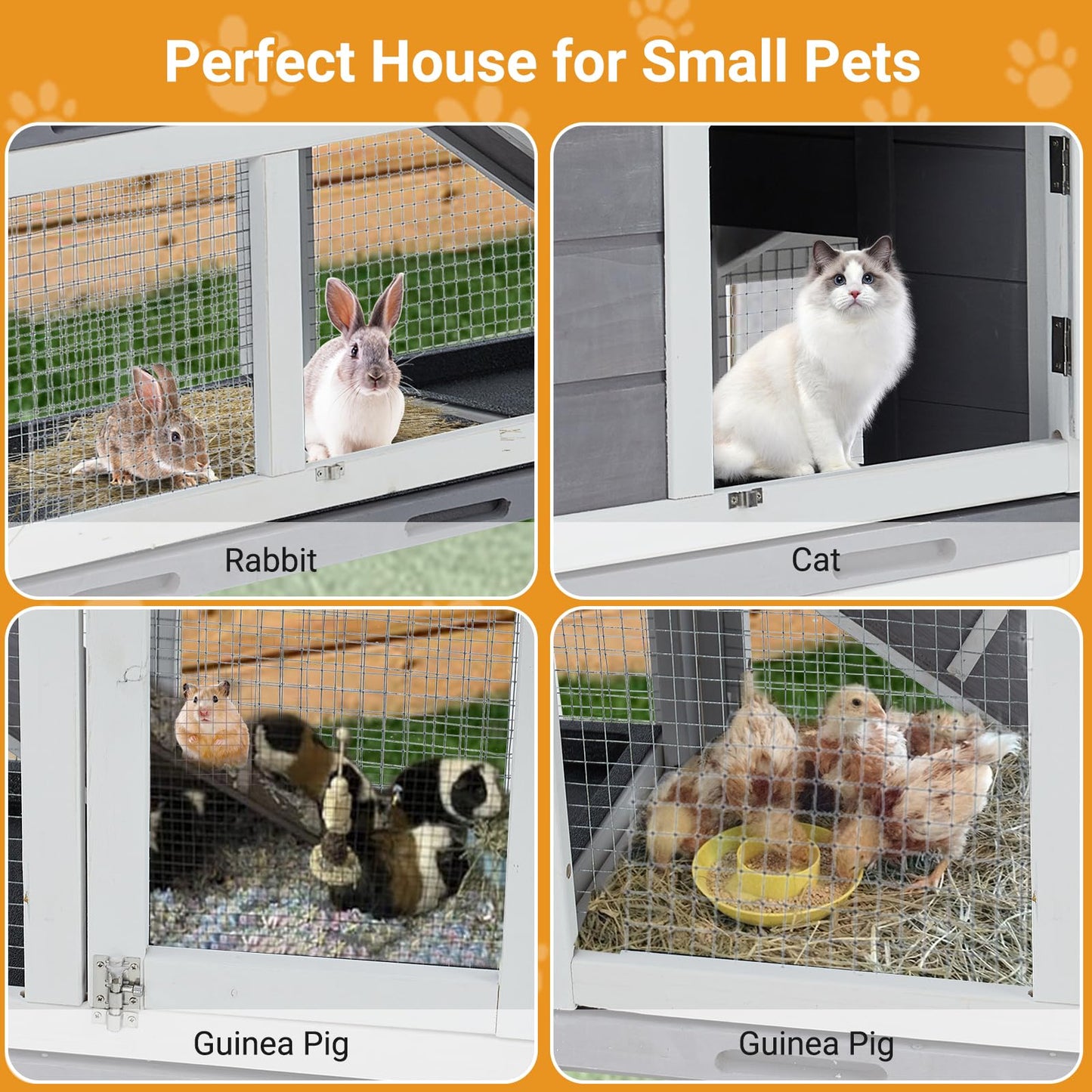 63'' Bunny Hutch Indoor Bunny Cage, with 3 Leak-Proof Removable Trays, Wooden Waterproof Roof Rabbit Hutch Indoor/Outdoor, 2-Tier Bunny House/Chicken Coop, Gray and Black
