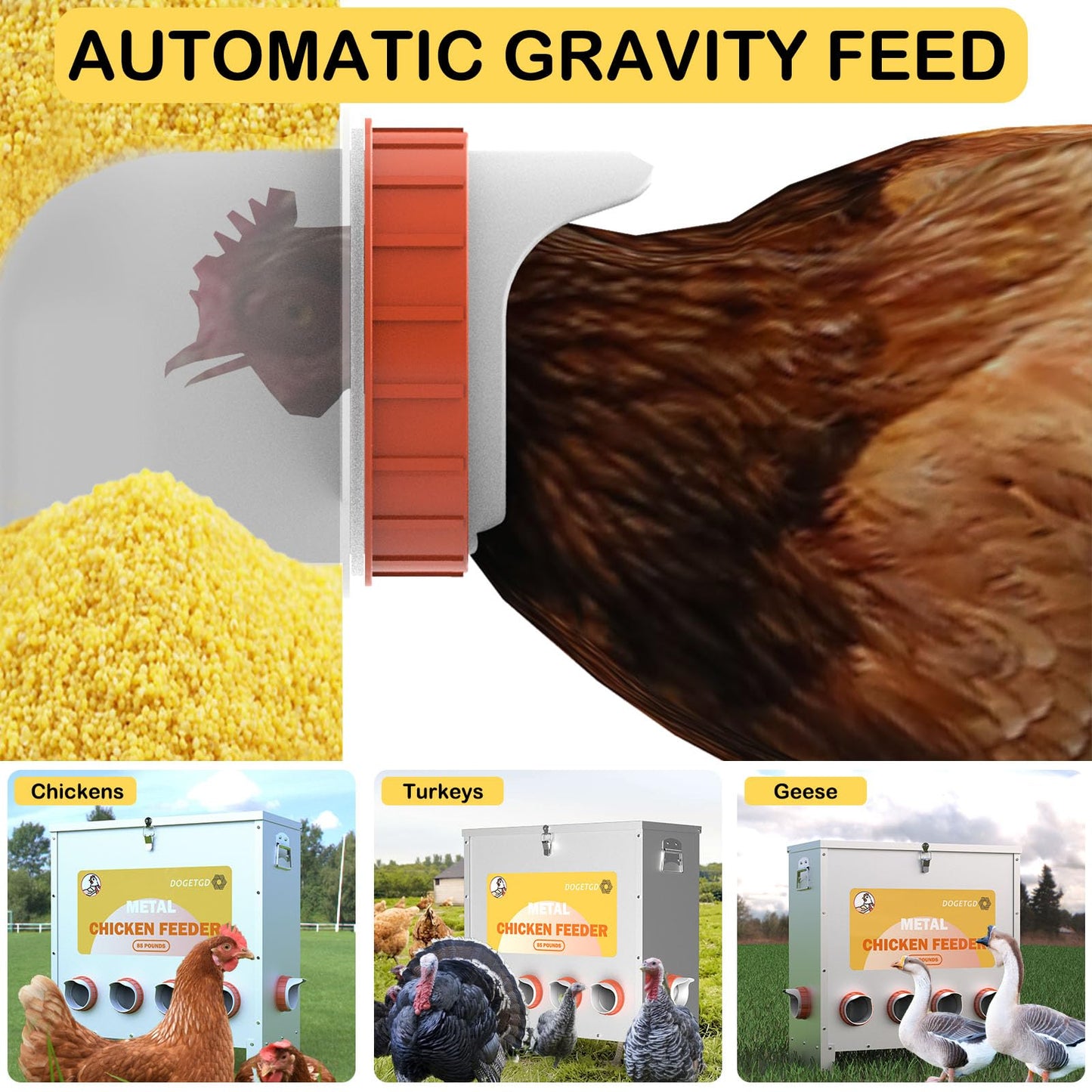Automatic Chicken Feeder No Waste Metal Poultry Feeder Large Capacity 85lbs for Chickens, Geese, Ducks, Turkeys, Quails (10-Port)