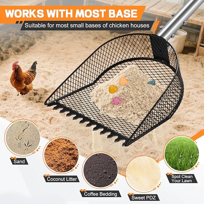 Metal Chicken Poop Scooper and Rake 2-in-1, Chicken Coop Scoop for Poop Sand with Stainless Steel Handle (43-73" Adjustable), Sifter Shovel Chicken Coop Sand Rake for Chicken Coops & Farm Animals