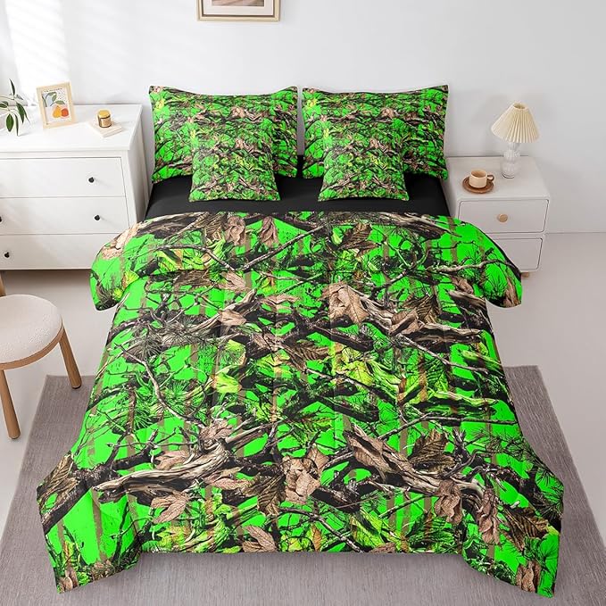 Feelyou Tree Branches 7 Pieces Bedding Set, for Kids Wild Hunting Leaf Bed Set Full Size Botanical Tree Bed in a Bag with Comforter, Sheets, Pillowcases Bedroom Decor Nature Theme Green Brown